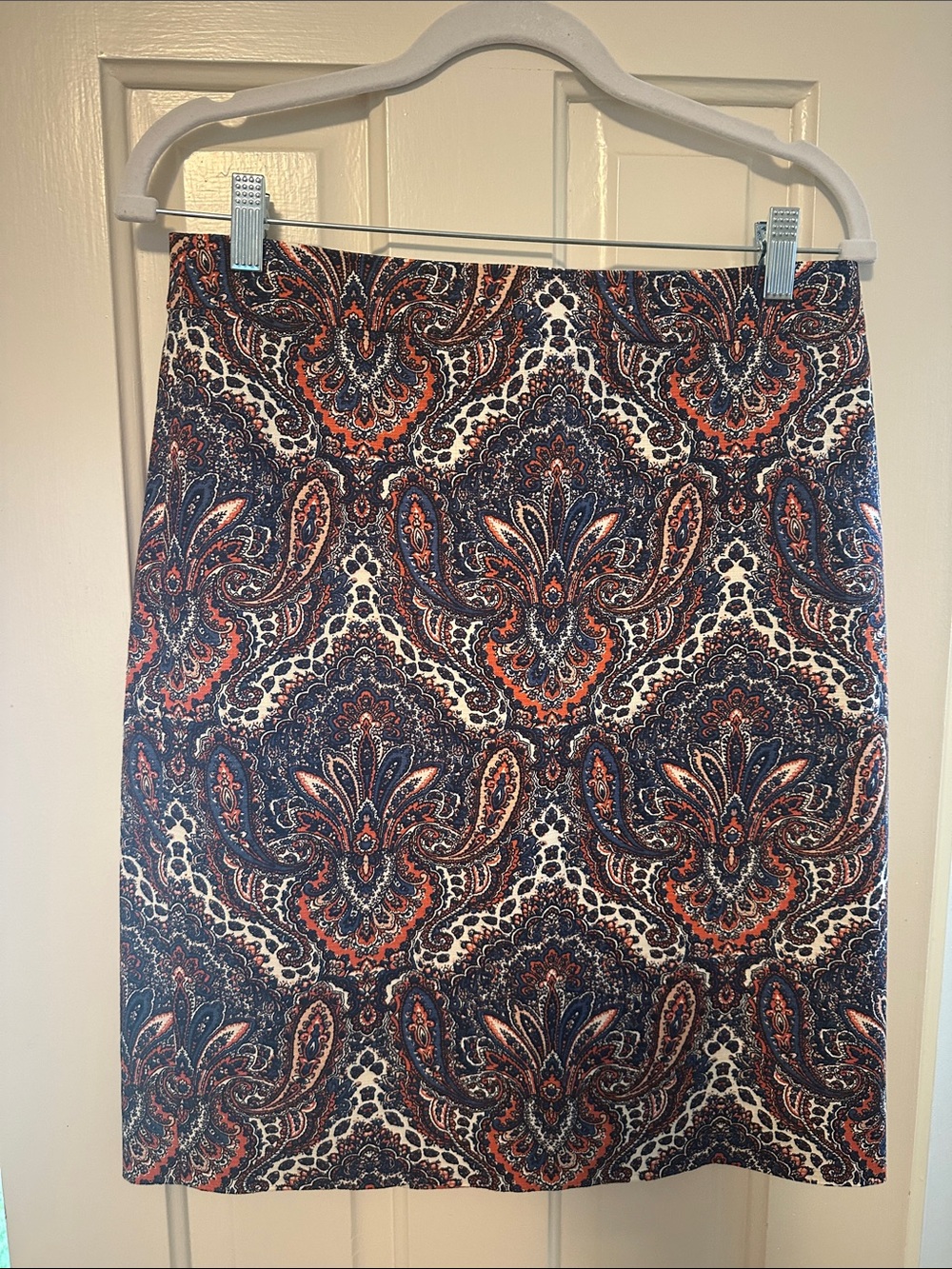 J. Crew Paisley Pencil Skirt in Navy, Orange, Peach and Cream Size 4
